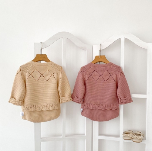 Autumn Infant Baby Kids Solid Color Long Sleeves Hollow-out Cardigan and Shorts Knitted Clothing Sets Wholesale