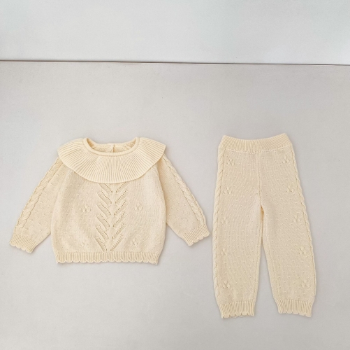 Autumn Infant Baby Kids Solid Color Long Sleeves Jacquard Sweater and Pants Knitted Clothing Sets Wholesale