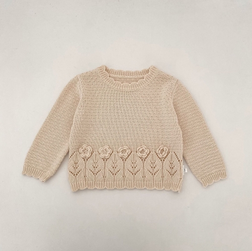 New Arrival Winter and Autumn Infant Baby Kids Girls Solid Color Flowers and Hollow-out Pattern Long Sleeves Knitted Sweater Wholesale