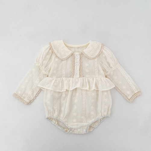 Spring and Autumn Infant Baby Girls Solid Color Long Sleeves One Piece Flowers Hollow-out Pattern Onesies Wholesale