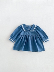 Spring and Autumn Infant Baby Girls Long Sleeves Navy Collar Denim Dress Wholesale
