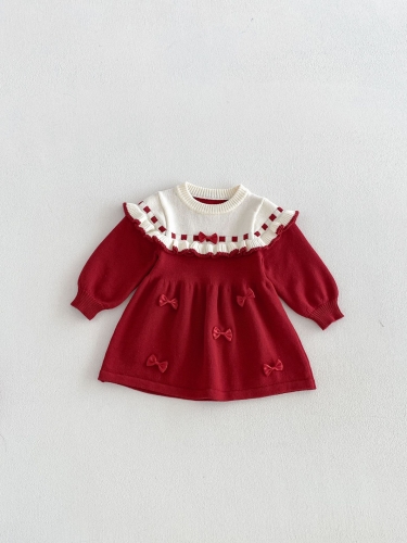 Winter and Autumn Infant Baby Girls Long Sleeves Butterfly-bows Knitted Dress Wholesale