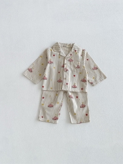 Autumn Infant Baby Kids Long Sleeves Striped Pattern Single Breasted Shirt and Pants Pajamas Clothing Sets Wholesale