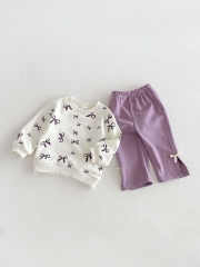 Autumn Infant Baby Kids Girls Long Sleeves Butterfly-bows Pattern Pullover and Pants Clothing Sets Wholesale
