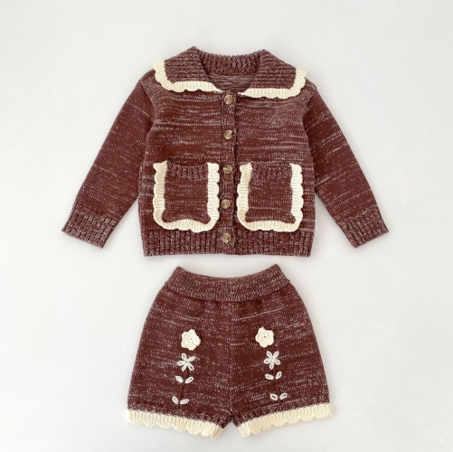 Winter Infant Baby Kids Girls Color Patchwork Long Sleeves Cardigan and Flowers Pattern Shorts Knitted Clothing Sets Wholesale