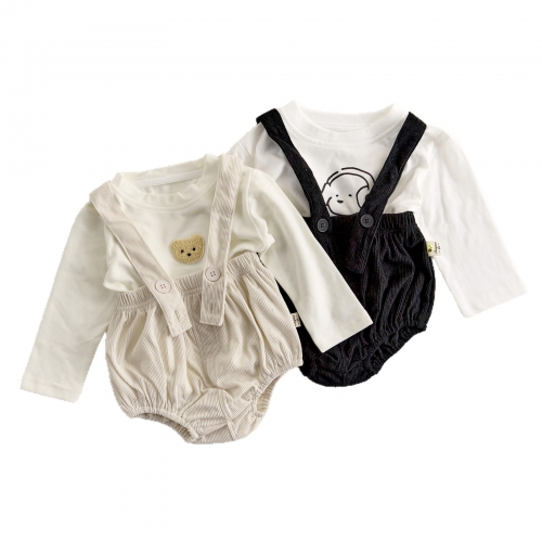 Autumn Infant Baby Kids Long Sleeves Beige Top and Strap Overalls Clothing Sets Wholesale