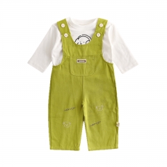Autumn Infant Baby Kids Girls Long Sleeves Cartoon Top and Green Strap Overalls Clothing Sets Wholesale